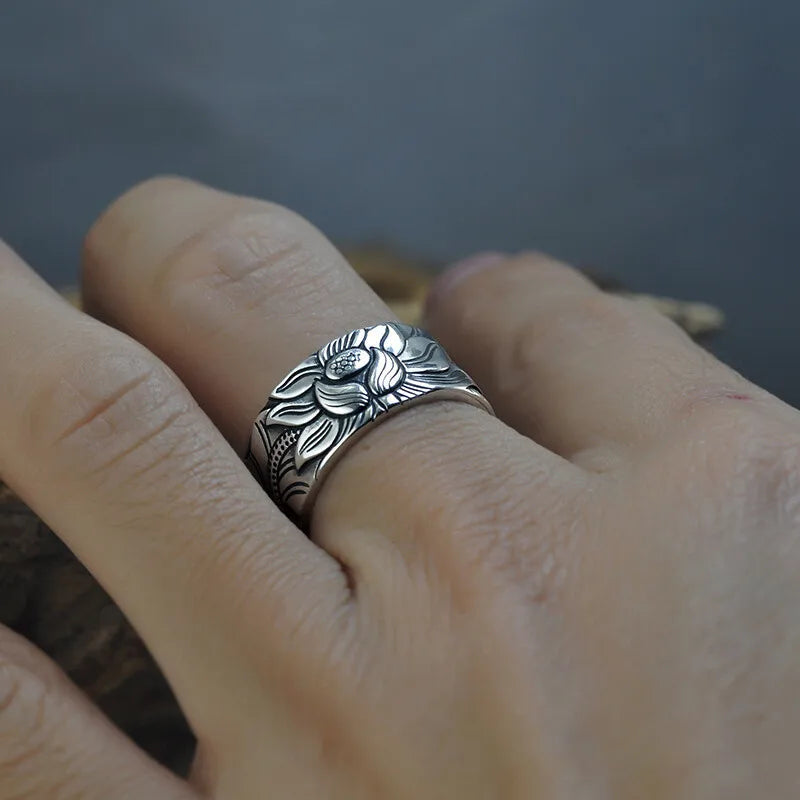 Vintage Tibetan Silver Lotus Rings for Mens Personality Hiphop Jewelry Adjustable