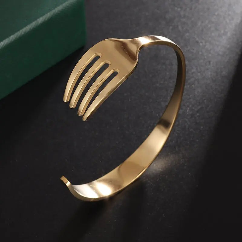 Fashion Design Stainless Steel Curved Tableware Fork Open Bracelet Men and Women Personality Charm Hip Hop Casual