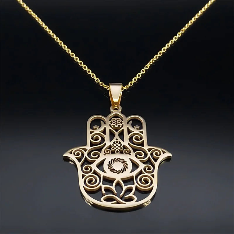 Hamsa Hand Muslims Judaism Hollow Necklace for Women Hand of Fatima Lotus Flower Stainless Steel Necklaces Jewelry Gift
