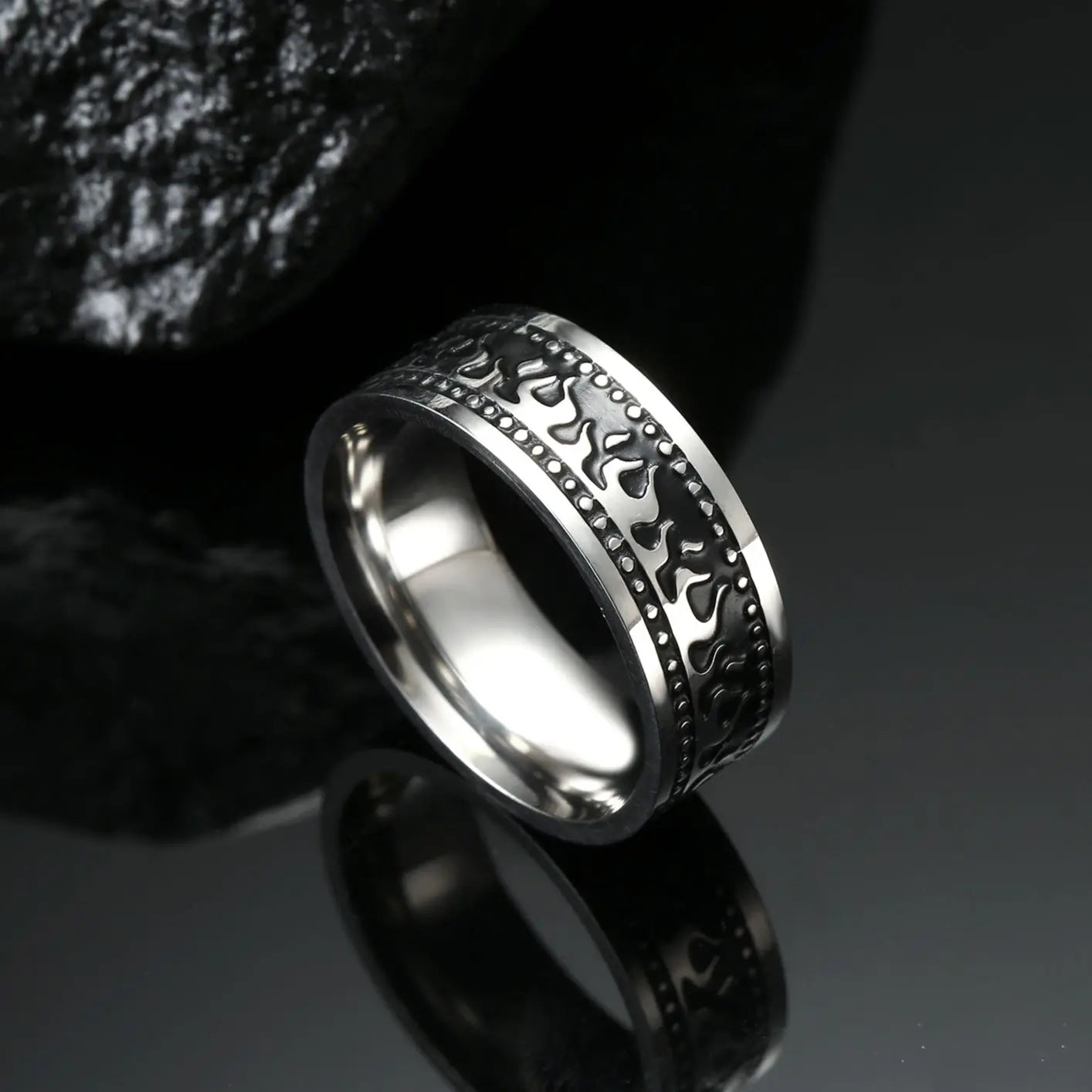 My Shape Vintage Fire Flame Totem Vine Cross Rings for Men Black Paint Punk Stainless Steel Finger Rings Male Jewelry