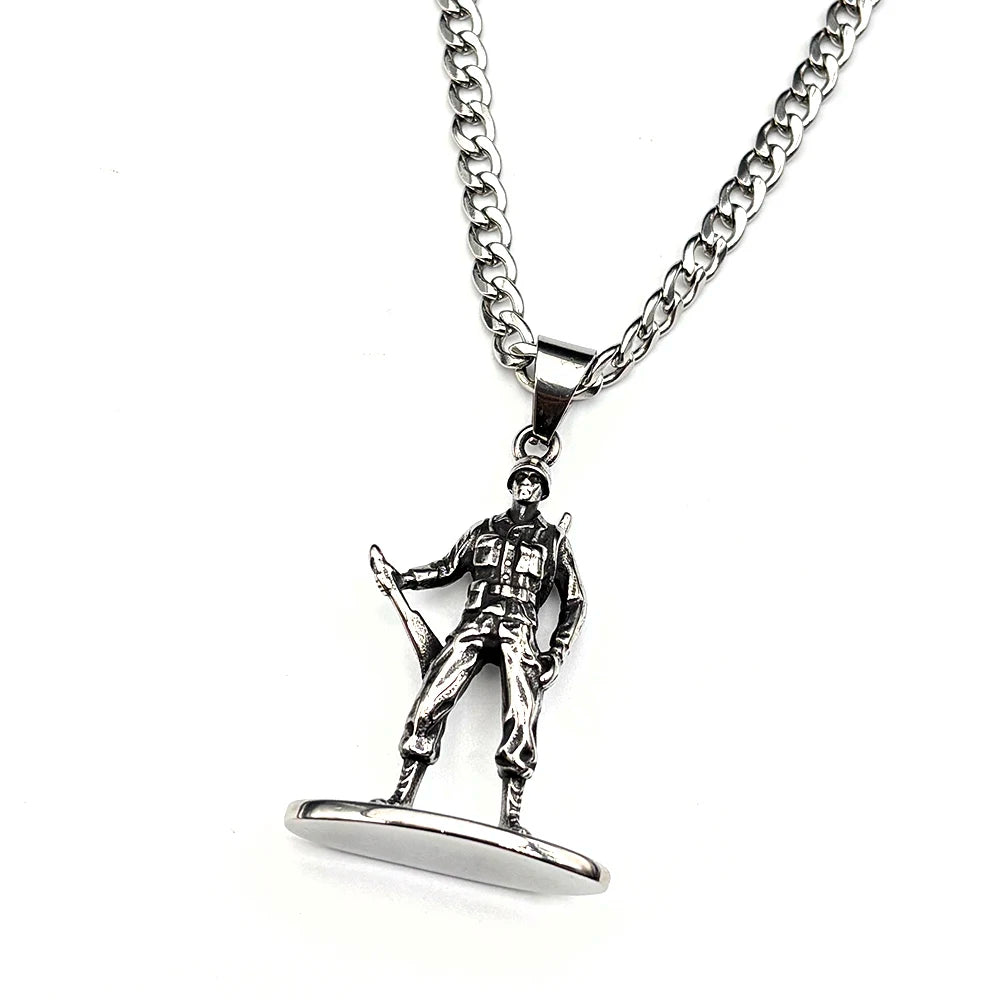 Vintage Military Army Standing Soldier Pendant Necklace for Women Men 316L Stainless Steel Punk Chain Silver Color