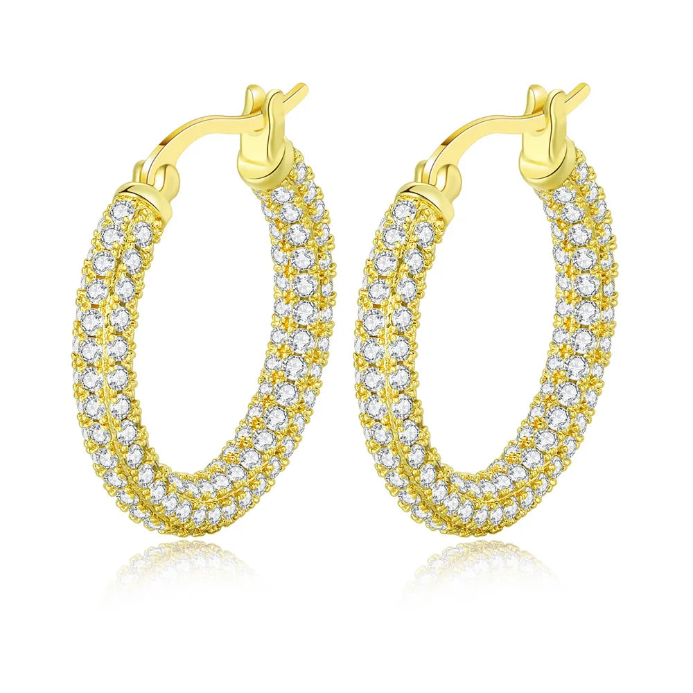 Two-Tone Iced Out Hoop Earrings CZ Silver Gold