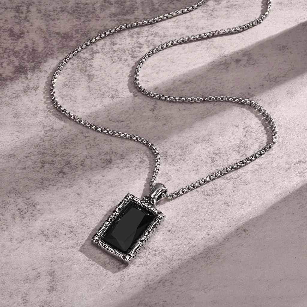 Vnox Black Square Stone Necklaces for Men, Retro Silver Color Stainless Steel Geometric Pendant Collar with Box Chain