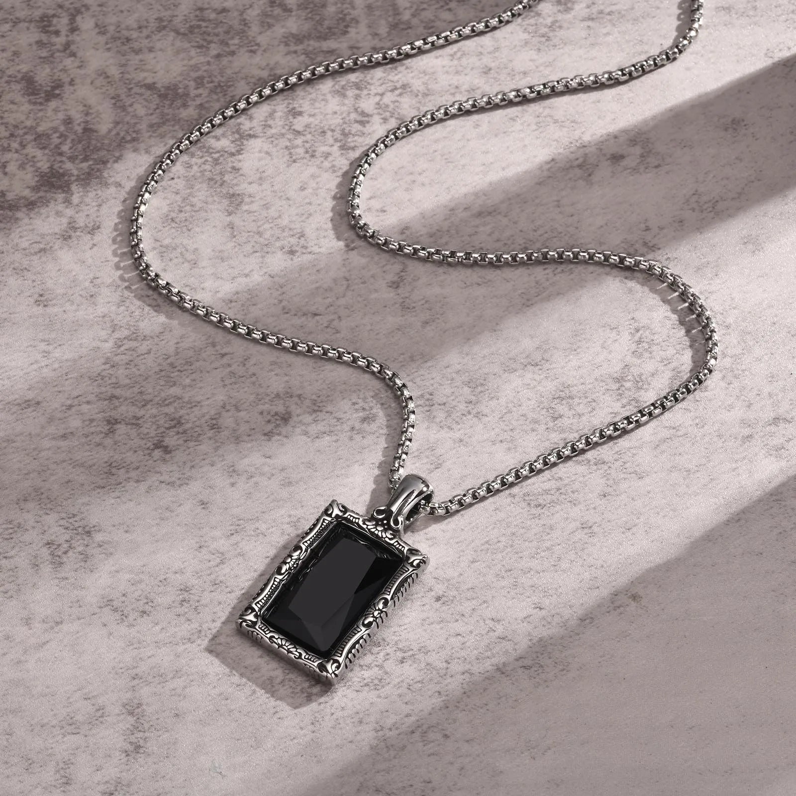 Vnox Black Square Stone Necklaces for Men, Retro Silver Color Stainless Steel Geometric Pendant Collar with Box Chain