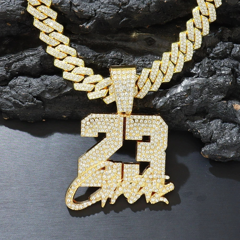 New Fashionable Men Hip Hop Number 23 Pendant Necklace With 13mm Cuban Chain HipHop Alloy Iced Out Bling Necklaces
