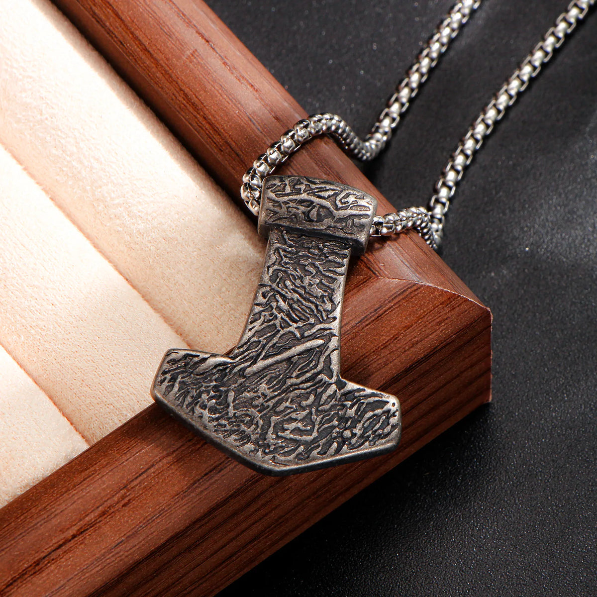 Mjolnir Thor Hammer Box Chain Pendant Necklace — Stainless Steel