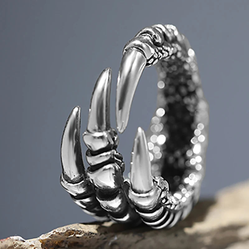 Stainless Steel Vintage Silver Dragon Claw Adjustable Opening Ring Tibetan silver Eagle Animal Rings for Men Women Punk