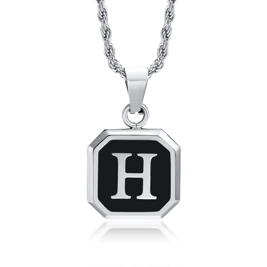 Initials Necklaces for Men Women,A-Z 26 Letters Black Square Stainless Steel Pendant Collar,45-60CM Twisted Rope Chain