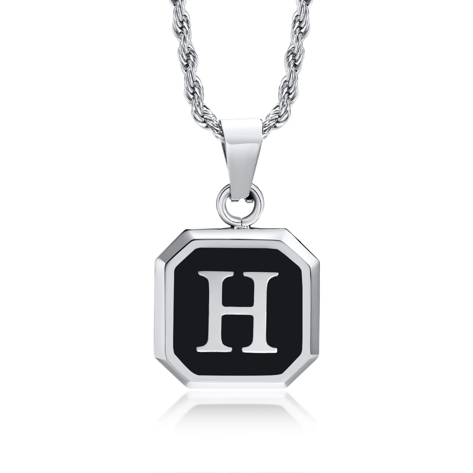 Initials Necklaces for Men Women,A-Z 26 Letters Black Square Stainless Steel Pendant Collar,45-60CM Twisted Rope Chain