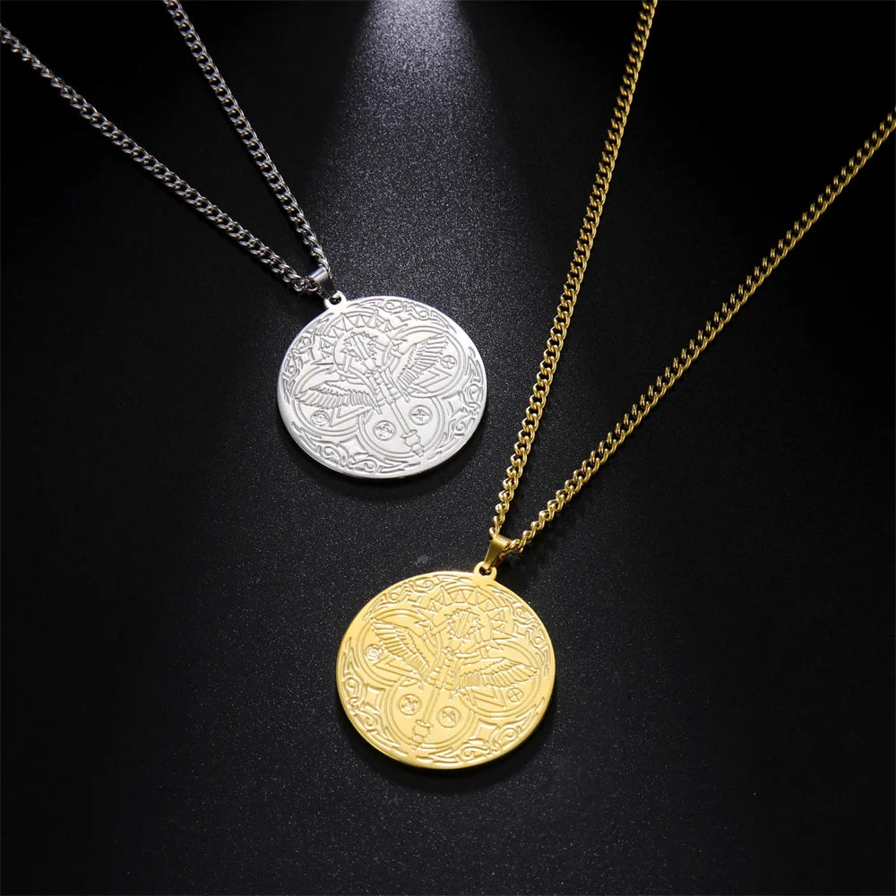 Archangel Raphael Winged Medallion Necklace — Stainless Steel