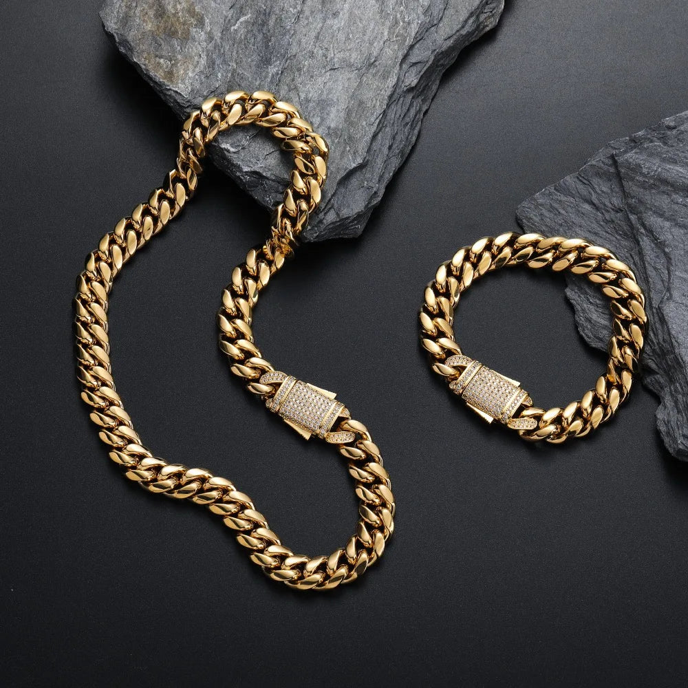 Gold-Tone Cuban Link Chain Necklace with CZ Clasp 60cm