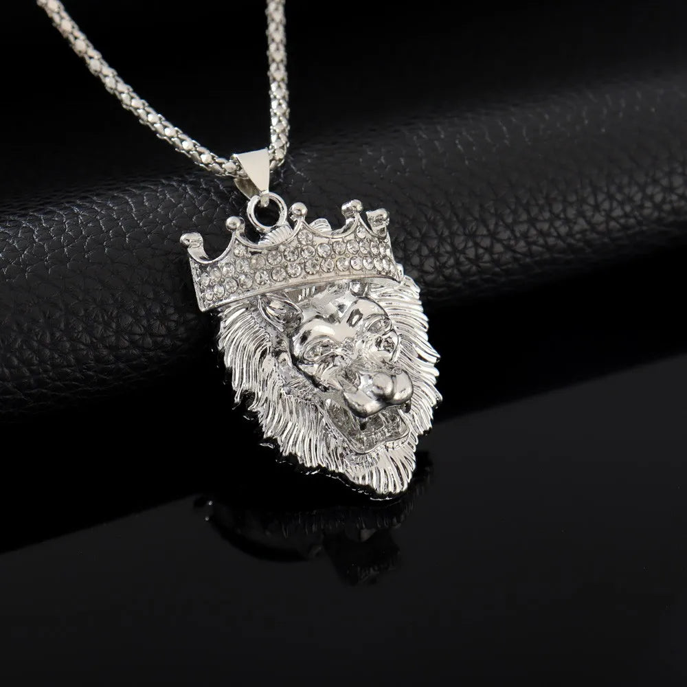 The Lion Head Alloy Men's Necklace Personality Crown Lion Hip Hop Rock Pendant Punk Fashion Jewelry Accessories