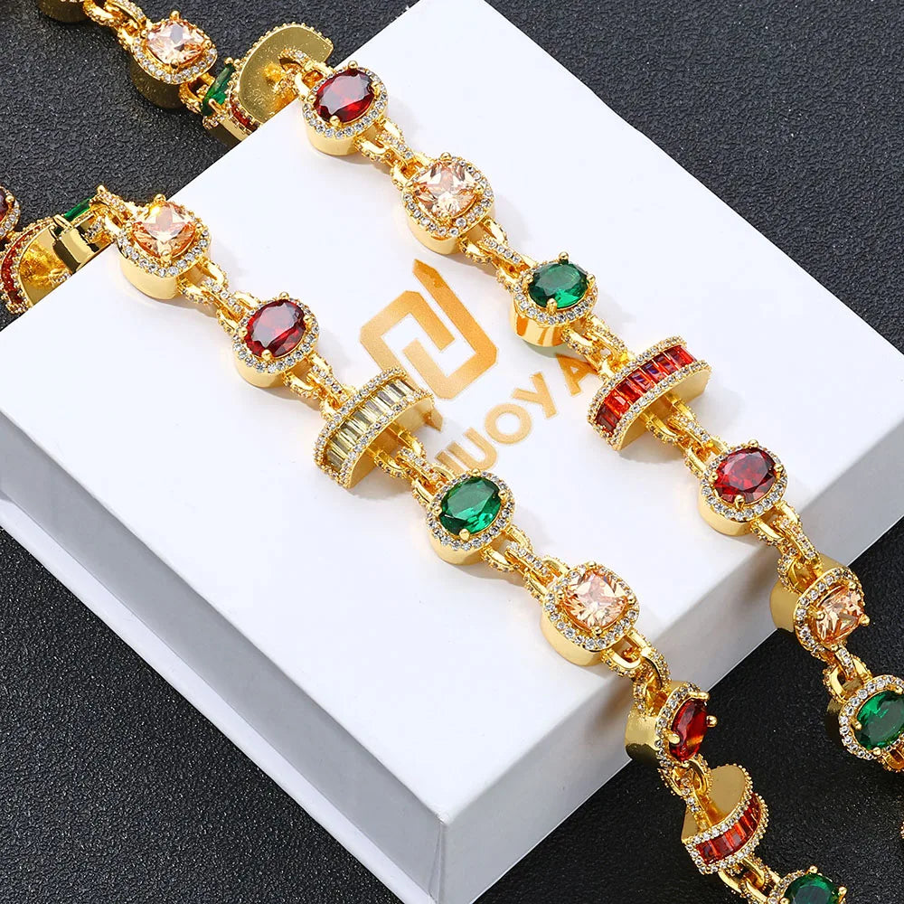 Gold Iced Out Chain Necklace Ruby Emerald 18K