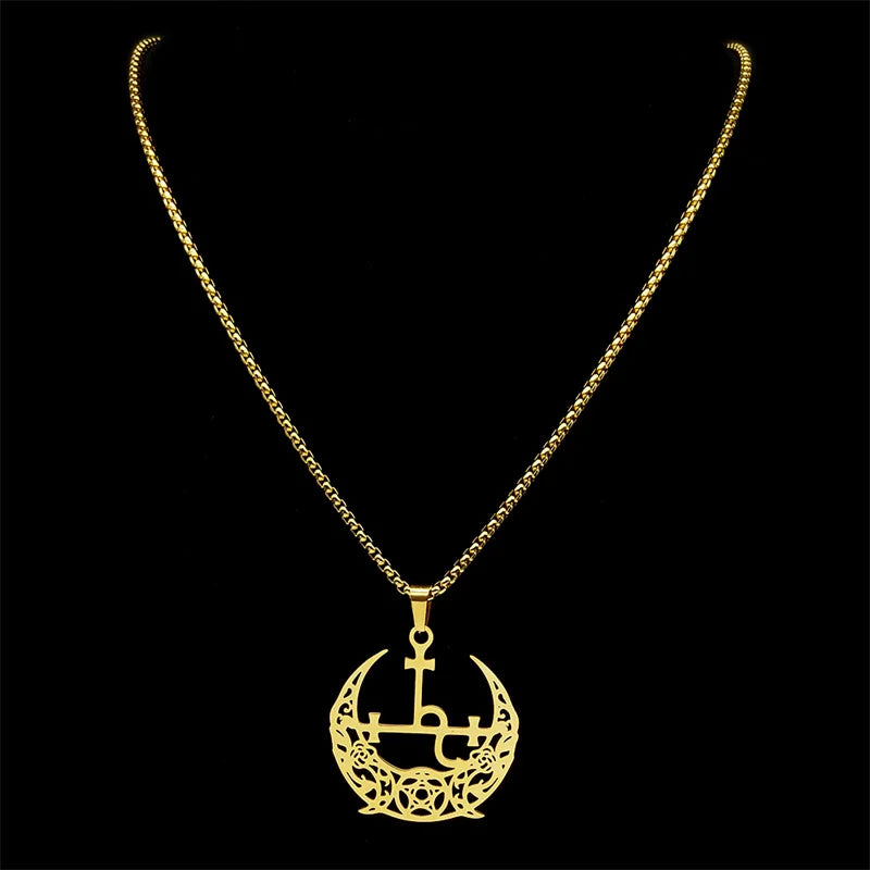 Star Demon Gold Pendant Wicca Triple Moon Crescent