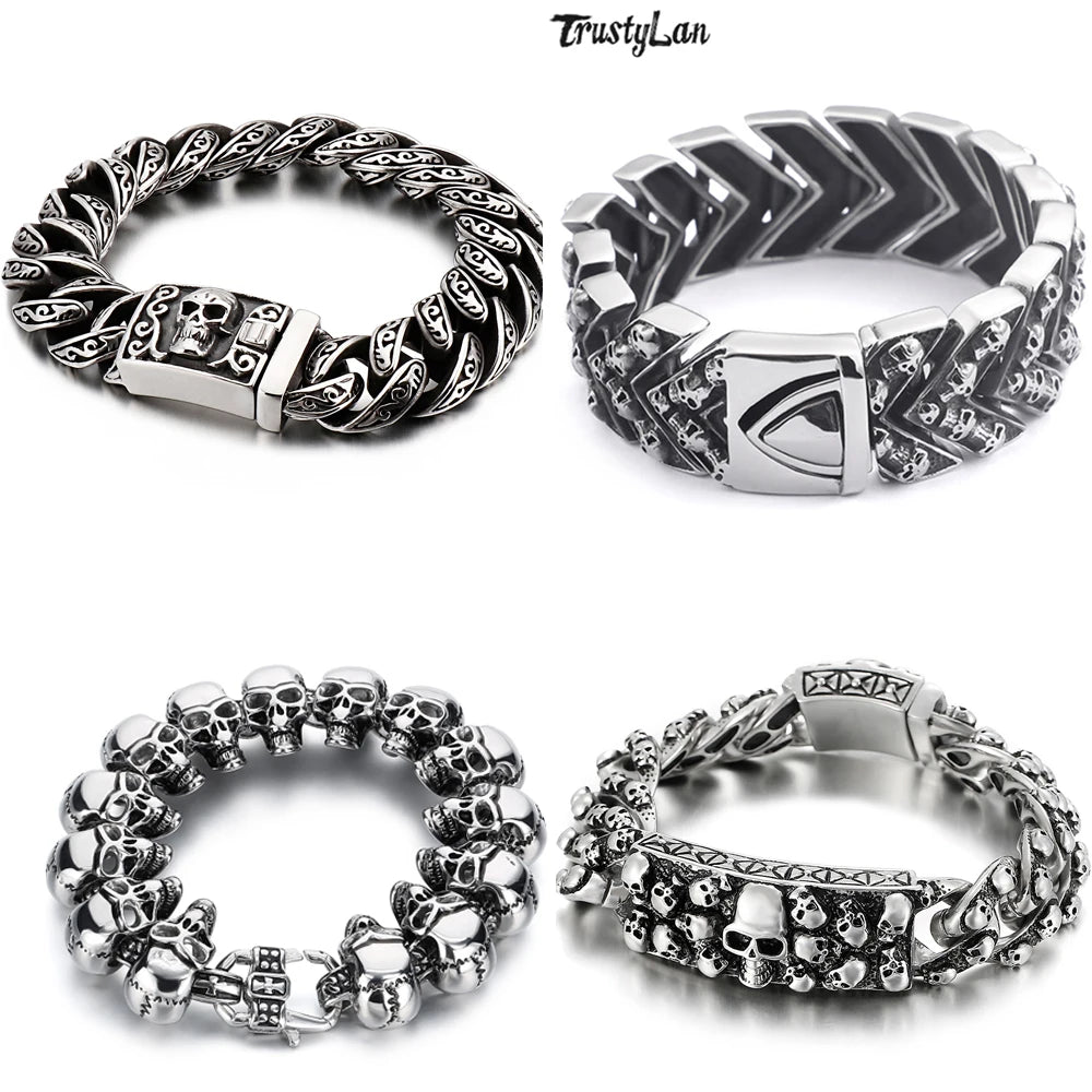 Steampunk Rock Skull Bracelet for Men In Waterproof Stainless Steel Skeleton Men's Bracelet Man Bike Jewelry Boys