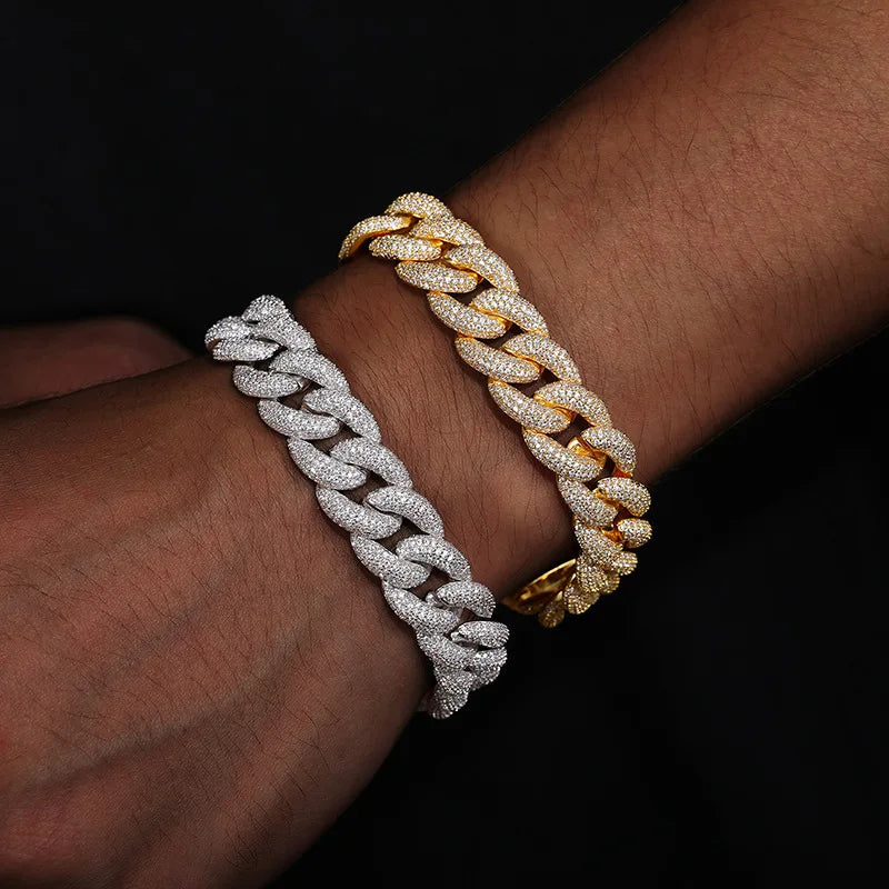 Iced Out Miami Cuban Link Bracelet for Men, Full CZ Diamond Hip Hop Bling Jewelry, Rapper Streetwear Accessory