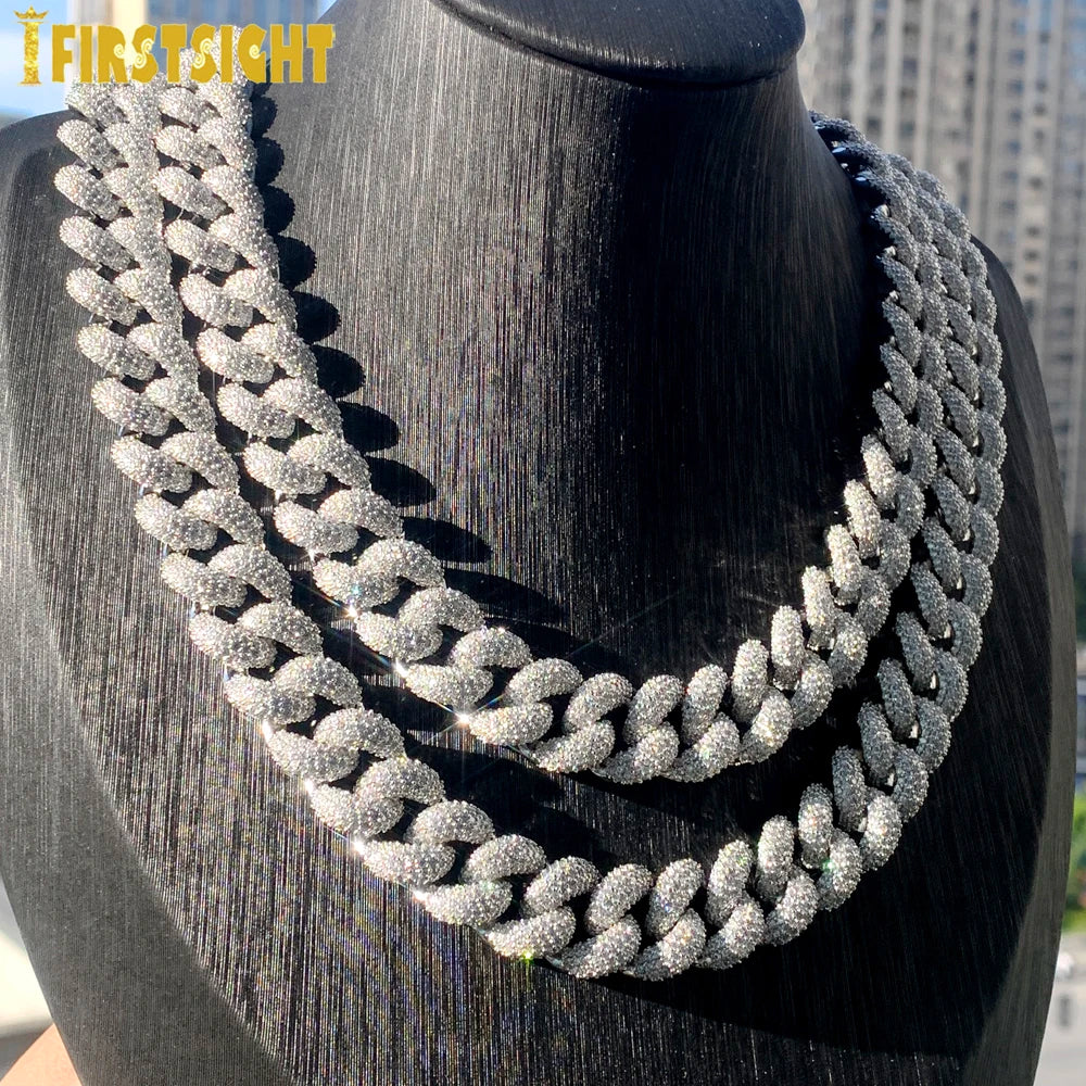 2024 New Silver Color Heavy Chunky Prong Cuban Link Chain Necklace for Men 15mm Iced Out Bling Charms Hip Hop Jewelry