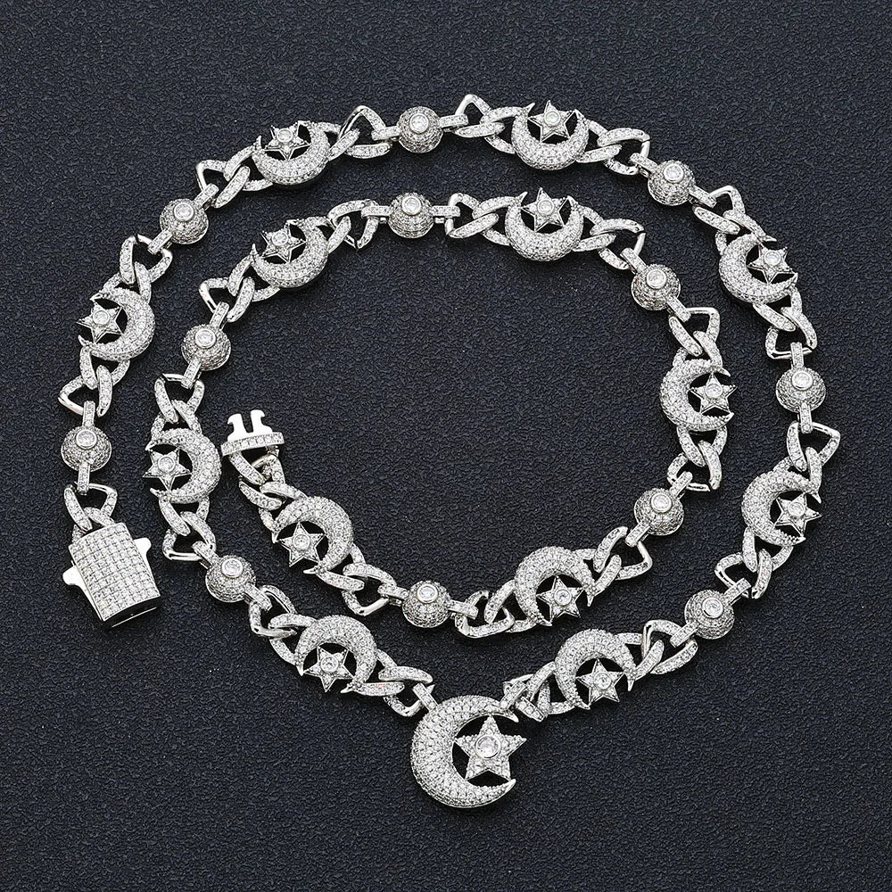 Iced Out Star Cuban Chain Necklace Moon CZ