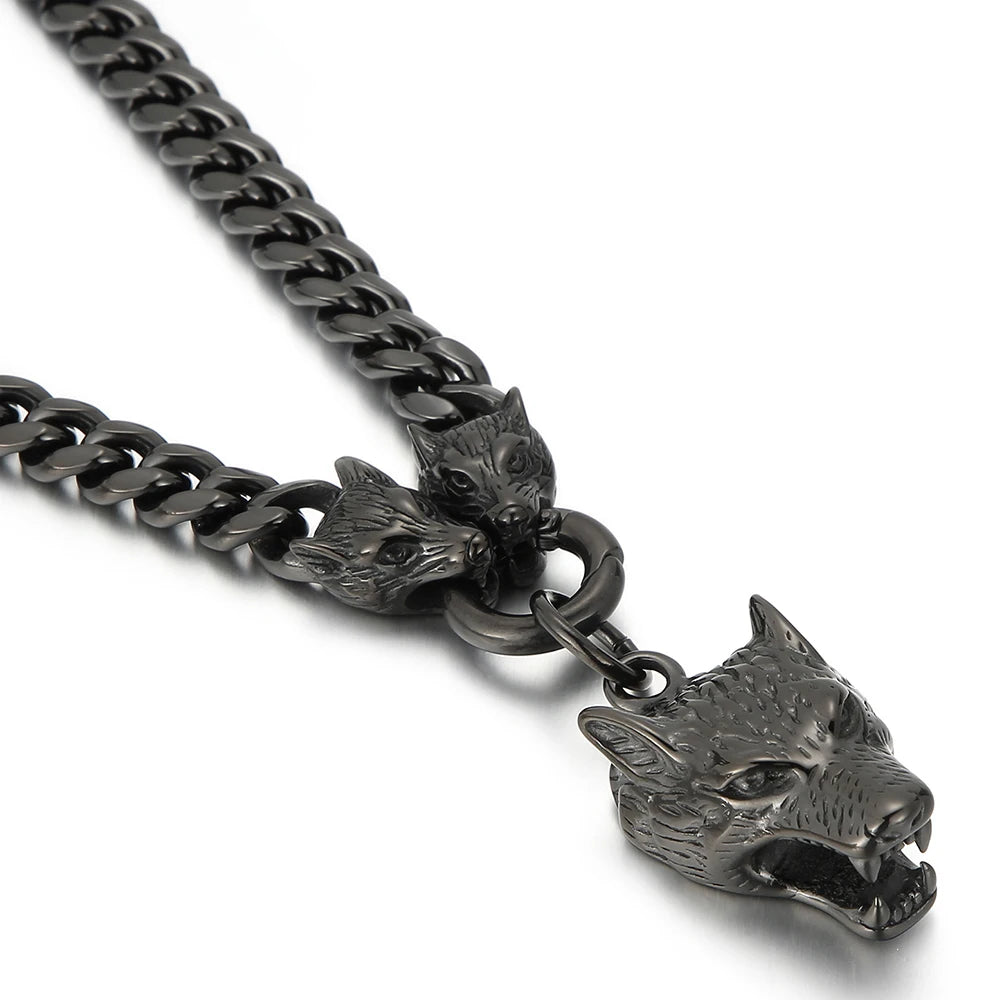 Curb Link Chain Men's Neck Necklaces for Man Gold Color Stainless Steel Wolf Head Man Pendant Necklace 65CM Long Viking