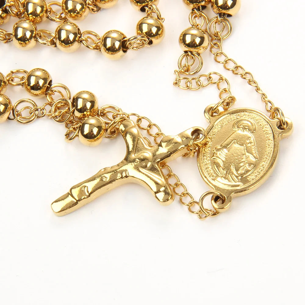 Saint Benedict Virgin Mary Rosary Necklace — Stainless Steel