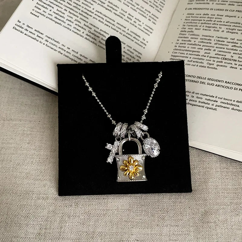 Lace Craft Running Ring Cross Pendant Lock Bag Necklace Luxury Premium Feel Collarbone Chain Niche New Sweater Chain