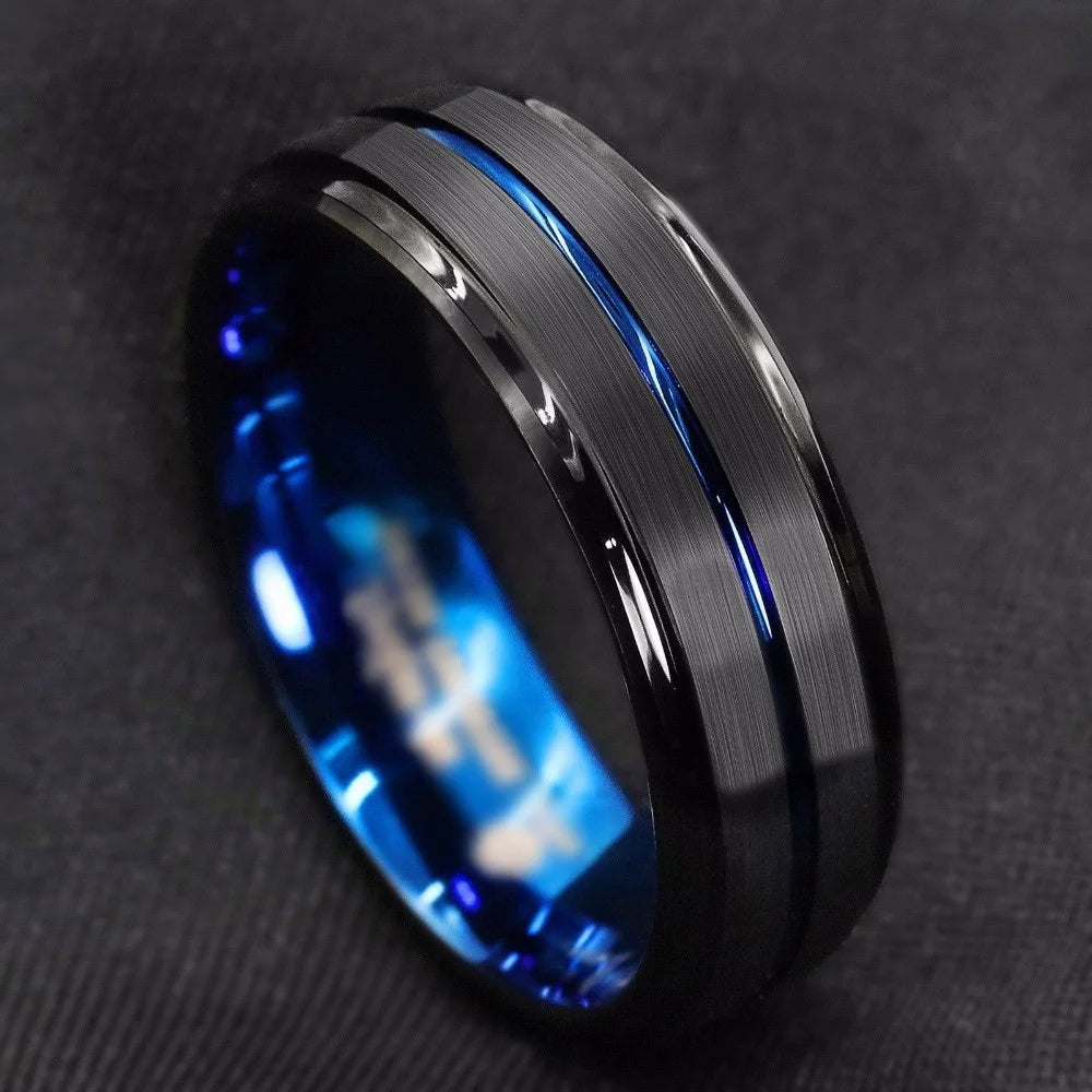 Fashion 8mm Men's Black Tungsten Wedding Band Rings Blue Groove Beveled Edge Knuckle Ring For Boyfriend Father's Day