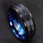 Fashion 8mm Men's Black Tungsten Wedding Band Rings Blue Groove Beveled Edge Knuckle Ring For Boyfriend Father's Day