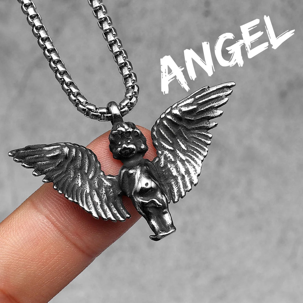 Angel Wings Cherub Pendant Necklace Stainless Steel