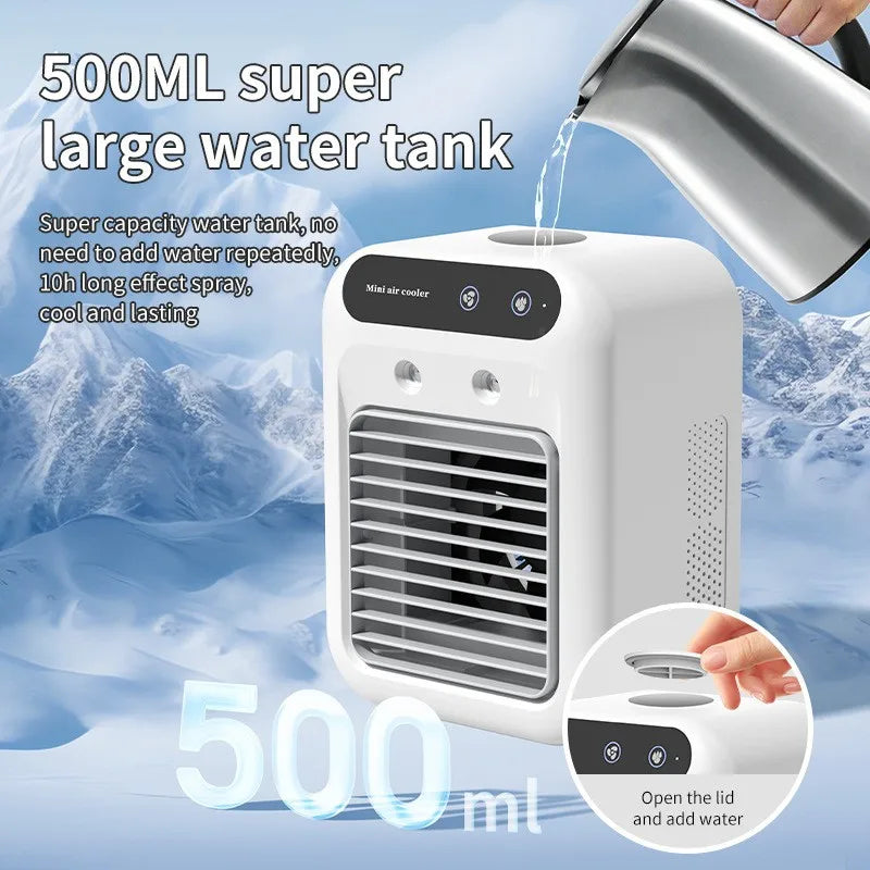 Portable mini desktop air conditioner fan, low noise, powerful humidifier and cooling function, USB charging