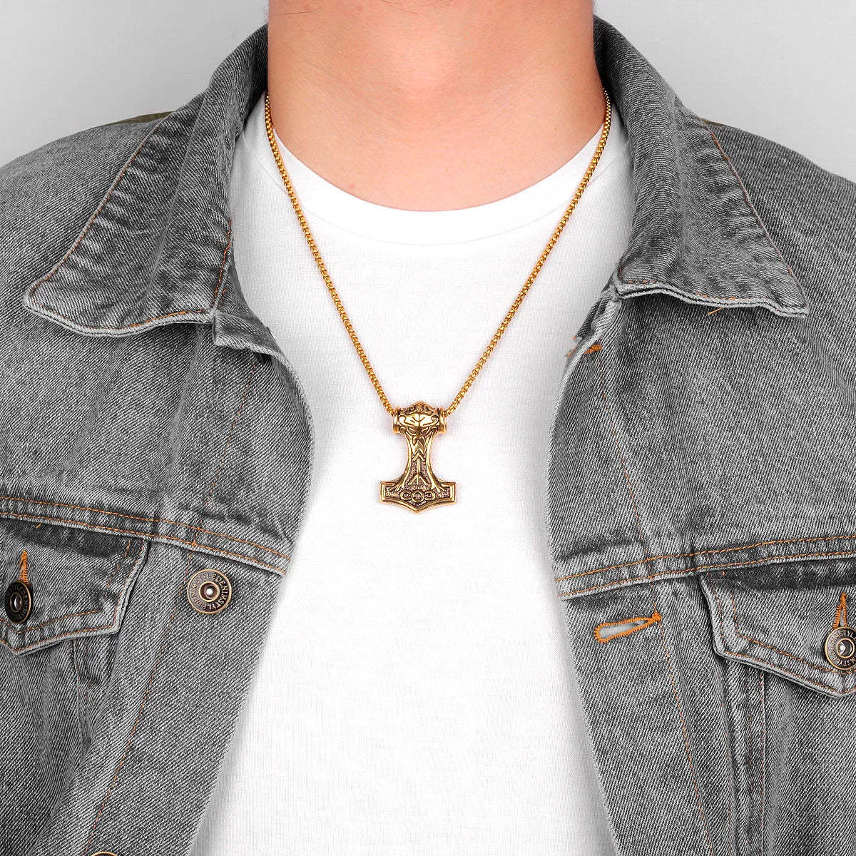 Stainless Steel Thor's Hammer Men Necklaces Pendants Chain Punk Trendy for Boyfriend Male Jewelry Creativity Gift