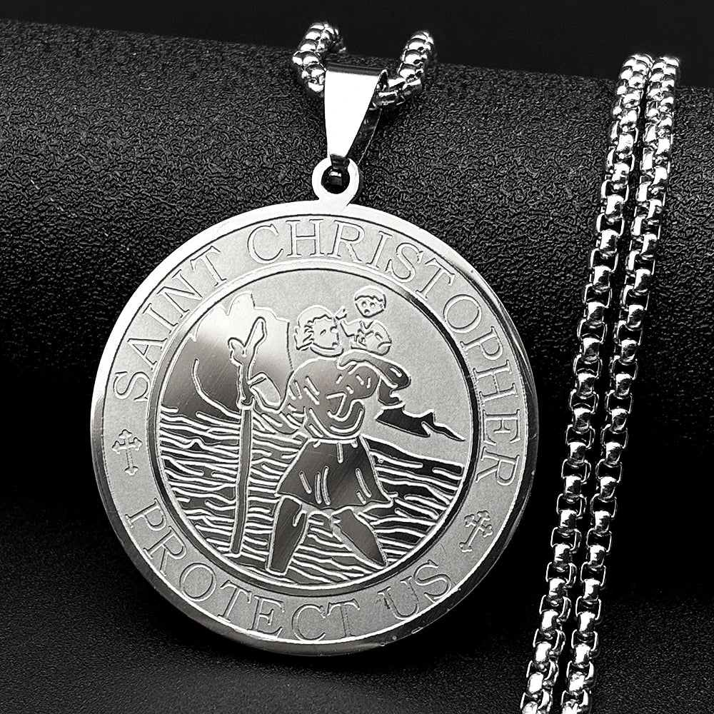 Catholic Saint Christopher Protect Us Round Pendant Necklace for Women Men Stainless Steel Gold Color Amulet Chain