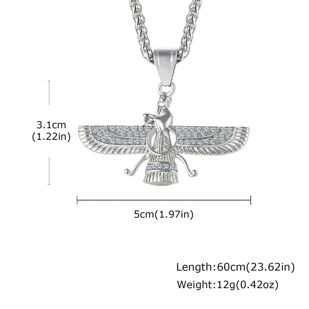 Faravahar Zoroastrian Pendant Necklace for Men,Stainless Steel Winged Eagle Amulet with CZ Stones,Hip Hop Religious Jewelry Gift