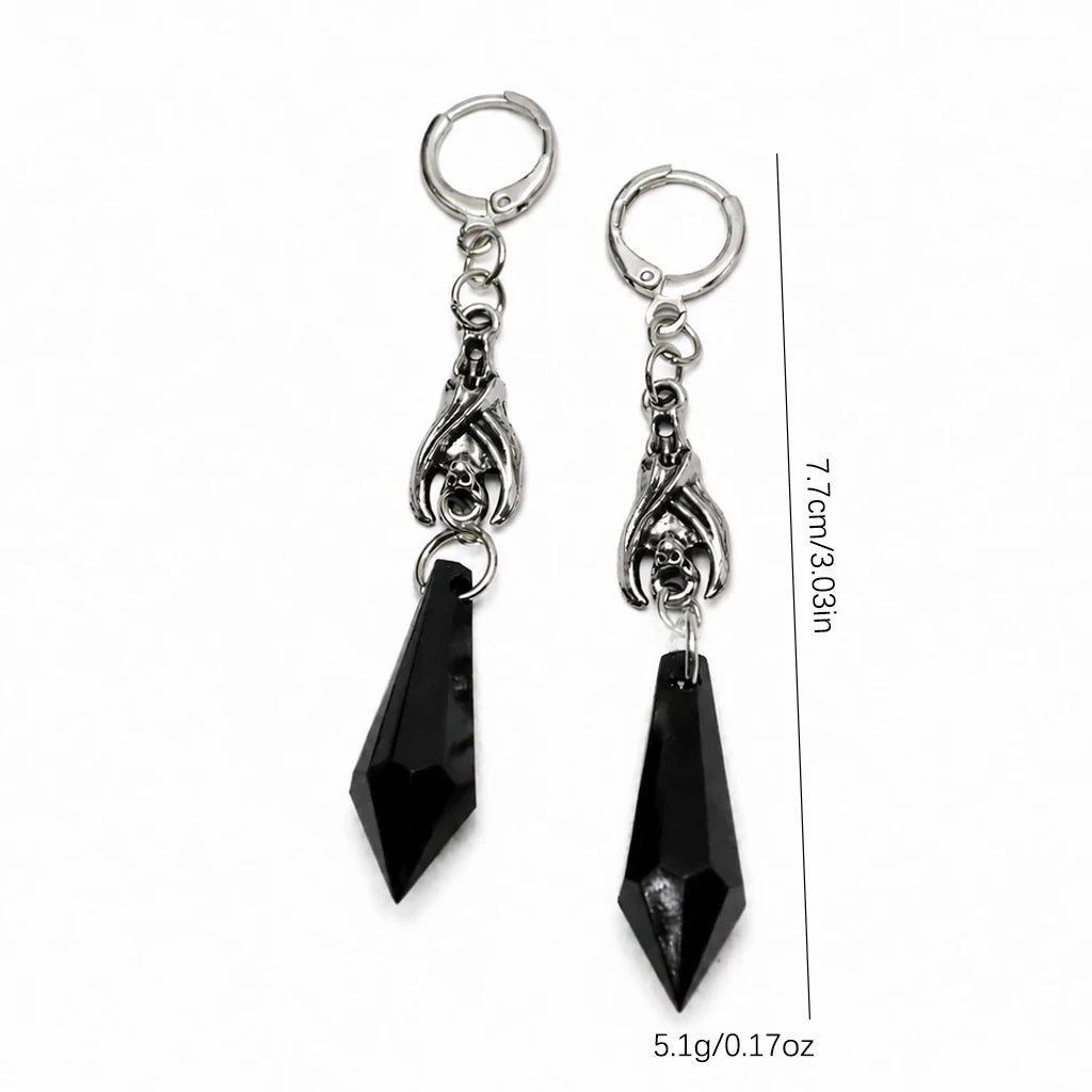 Gothic Bat Dangle Hoop Earrings Black Crystal Spike — Silver-Tone