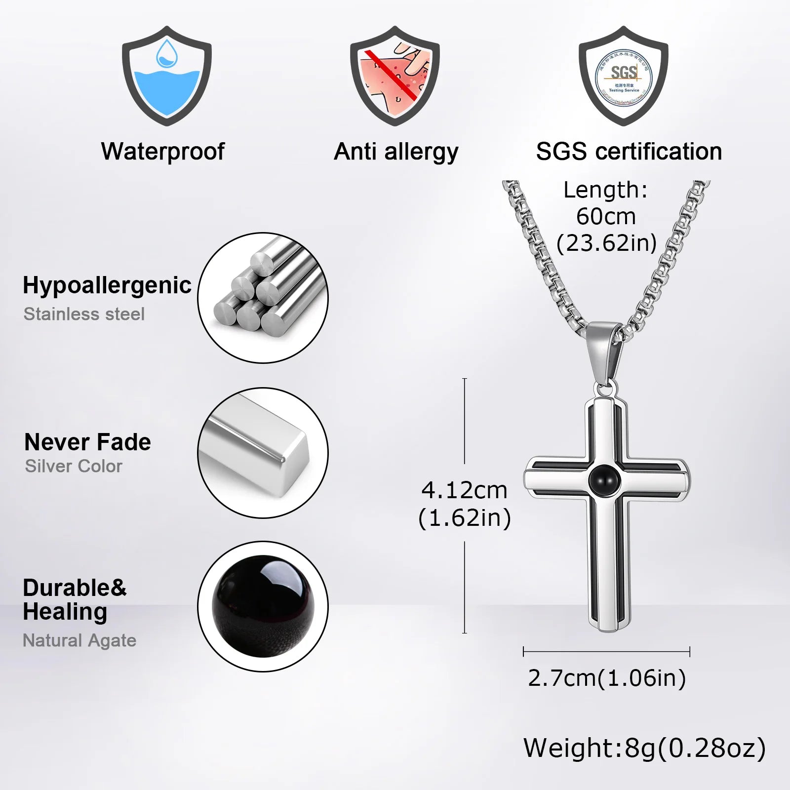Vnox Men Cross Necklace, Stainless Steel Black Onyx Enamel Cross Pendant, 60cm Box Chain Religious Faith Jewelry Gift