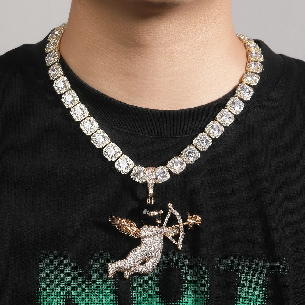 THE BLING KING Iced Full Zirconia Masked Rose Cupid Angel Pendant Necklace Goddess of Love With Arrow 12mm Square Chain Jewelry