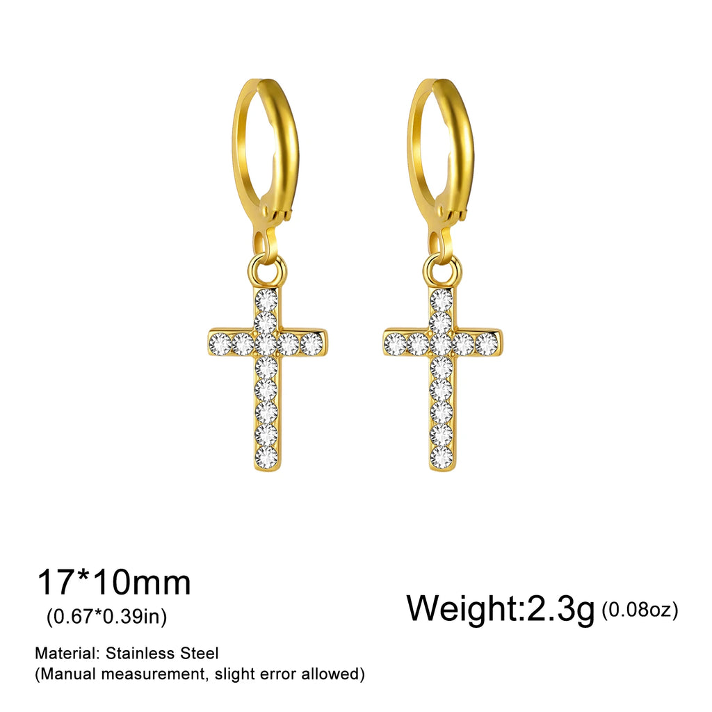 Iced Out CZ Cross Dangle Hoop Earrings — Stainless Steel