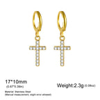 Iced Out CZ Cross Dangle Hoop Earrings — Stainless Steel