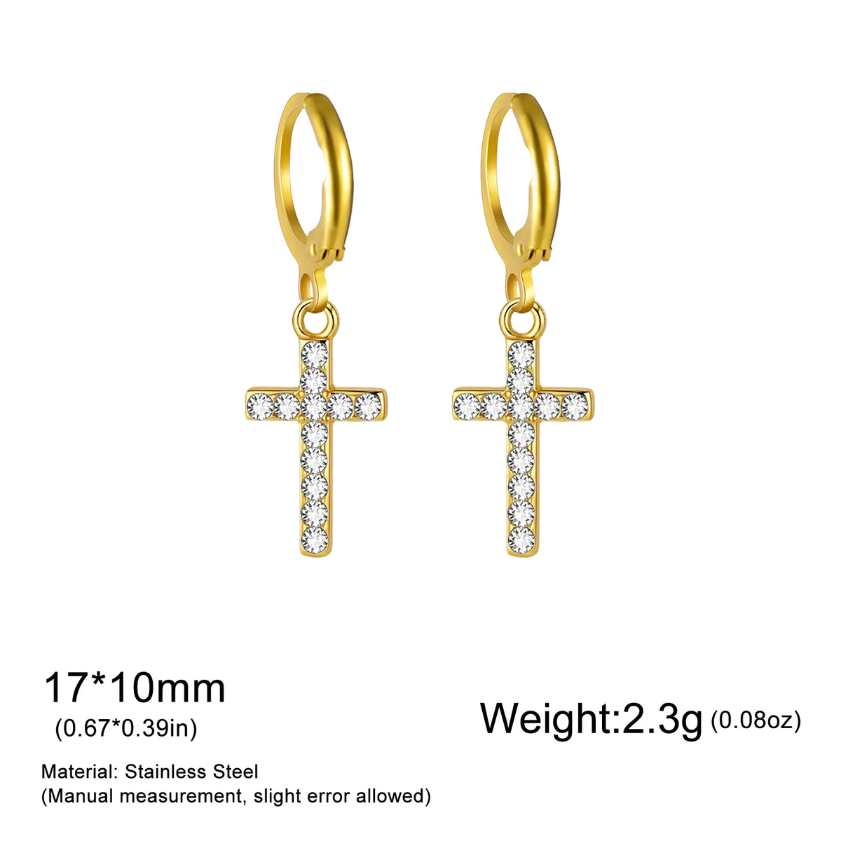 Iced Out CZ Cross Dangle Hoop Earrings — Stainless Steel