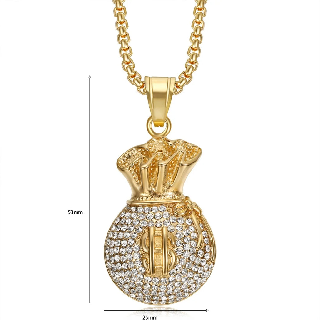 Hip Hop Moneybag Dollar Signs Iced Out Bling CZ Pendant Men Gold Silver Color Stainless Steel Wealth Necklace for Women Jewelry