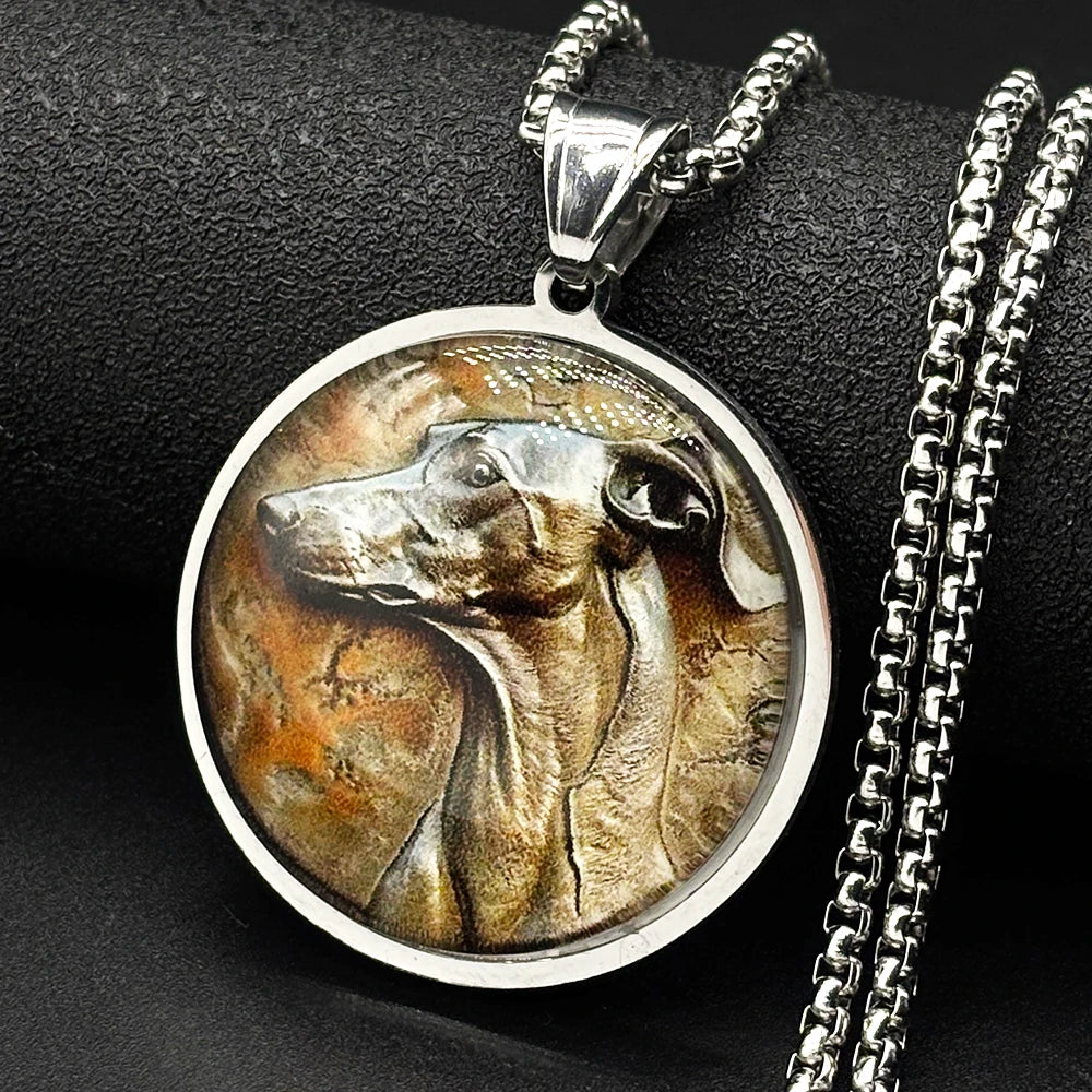 Greyhoun Whippet Dog Head Glass Medal Pendant Necklace for Women Men Gold Plated Stainless Steel Animal Pet Lover Chain