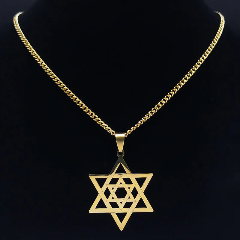 Hip Hop Star Of David Shield Hexagram Pendant Necklace for Men Fashion Stainless Steel Gold Color Chain Star Shape Jewelry Gift