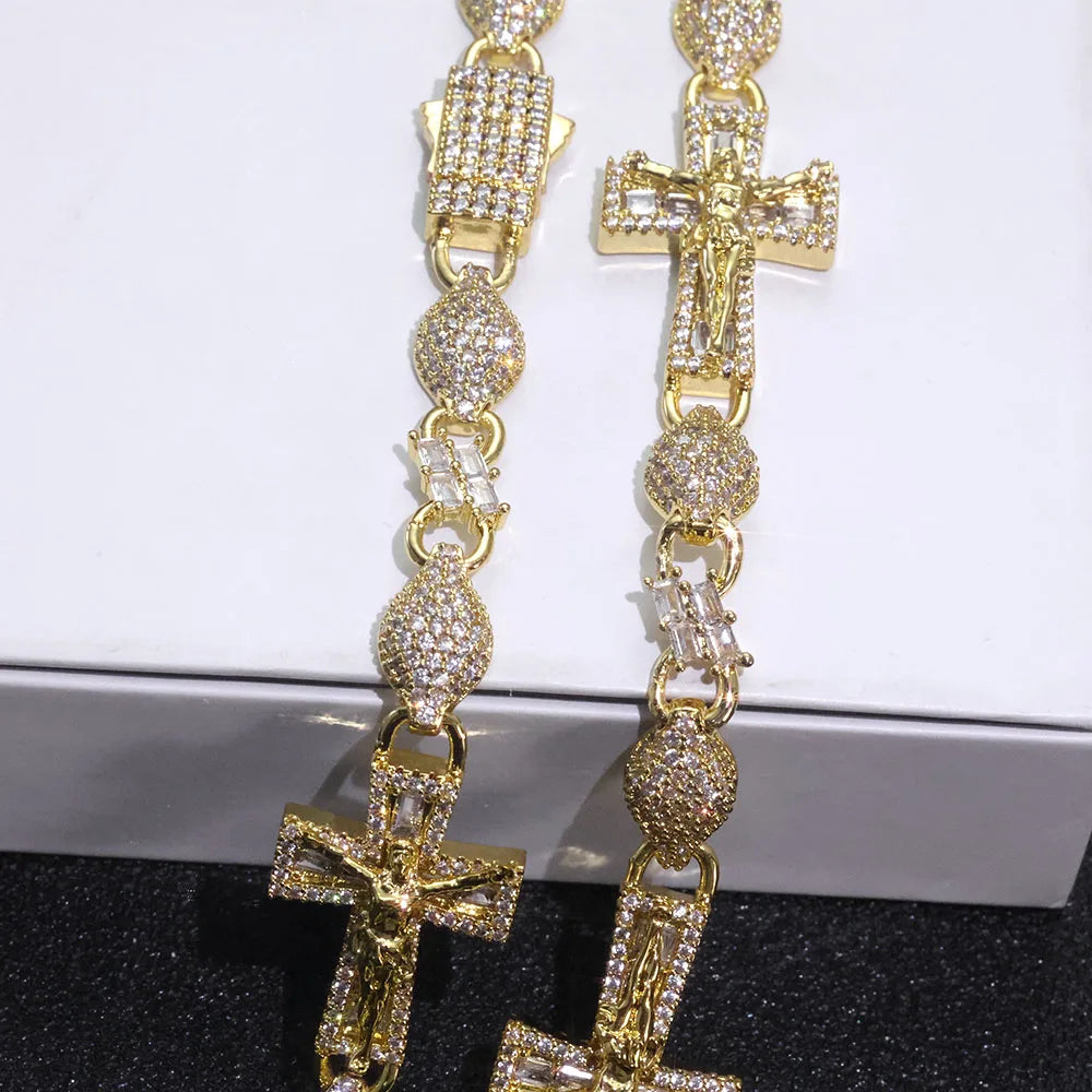 Cross Iced Out Rosary Chain Necklace Stainless Steel