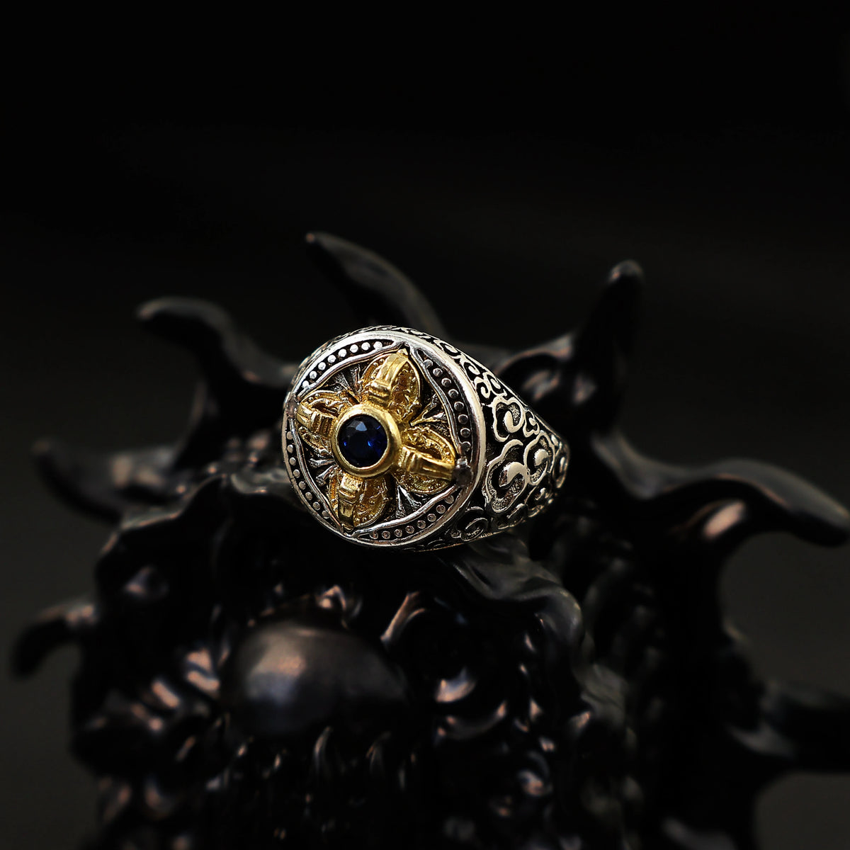 Tibetan Vajra Adjustable Open Ring — Golden Two-Tone Band
