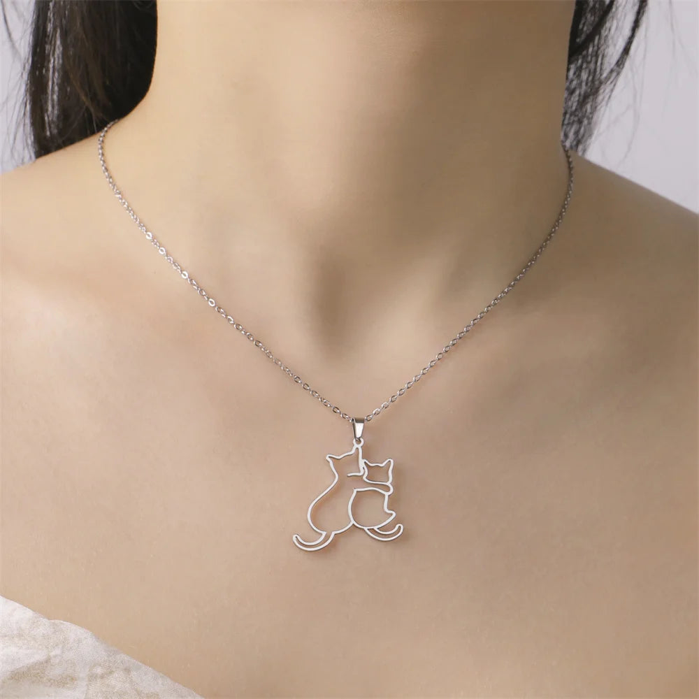 My Shape Hugging Puppy Kitten Necklace for Women Stainless Steel Pendant Chain Animal Cat Dog Jewelry Pets Lovers Gifts