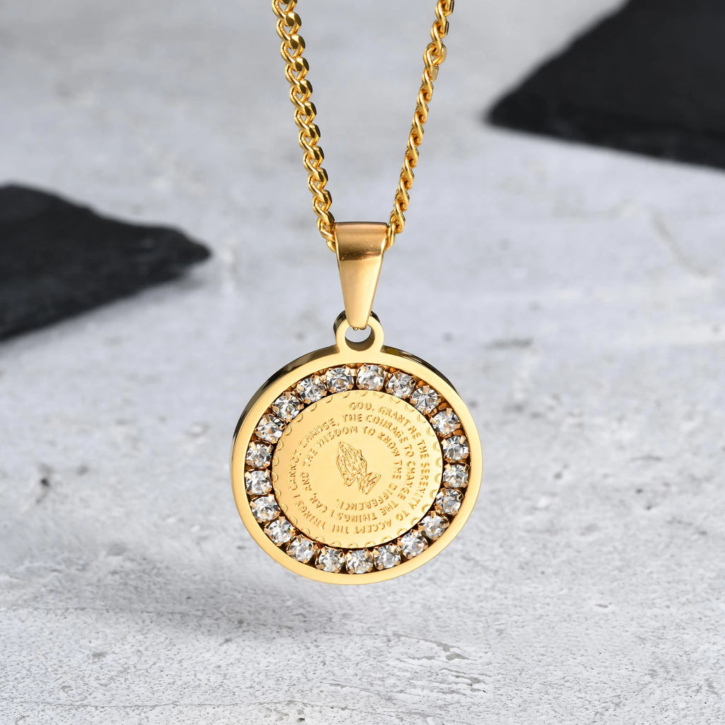 Iced Out Prayer Coin Pendant Necklace — Stainless Steel