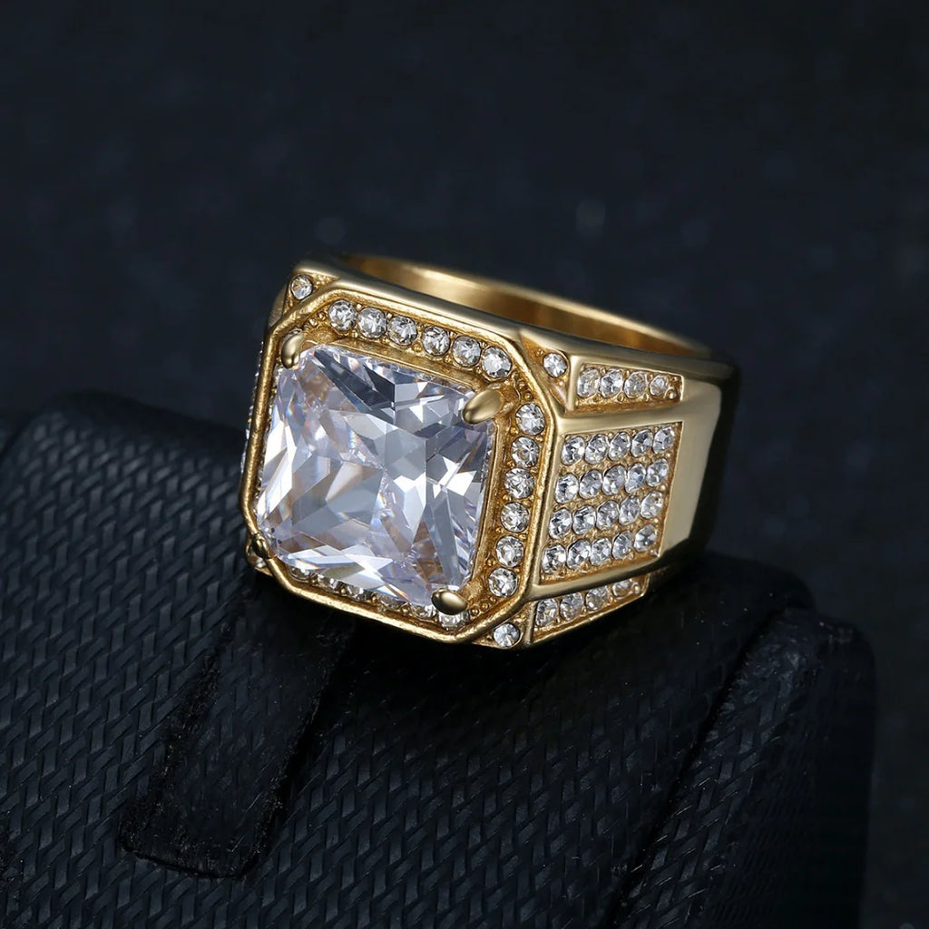 Iced Out Chunky CZ Square Ring 17mm — Stainless Steel