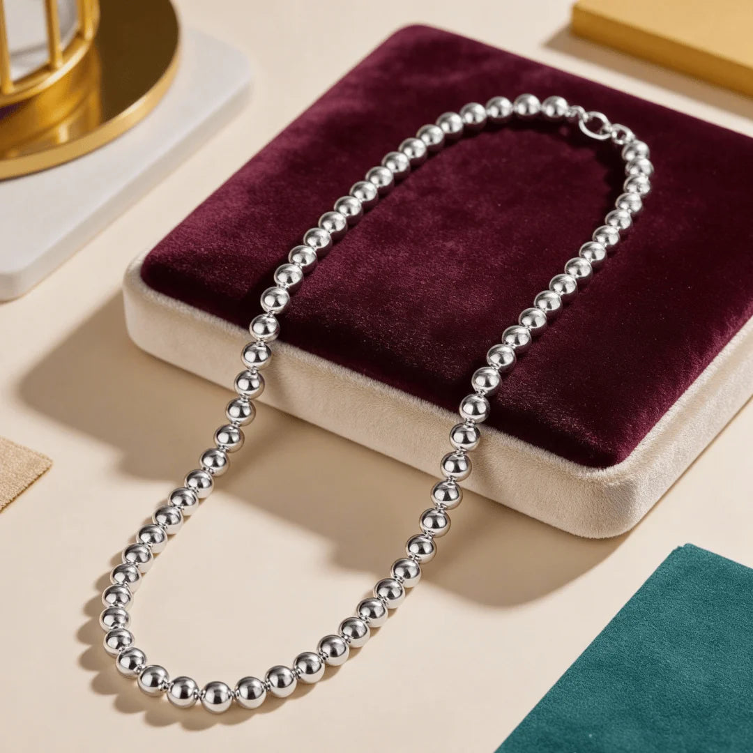 Hollow Beads Necklace & Bracelet Set 6mm — Silver-Tone Classic