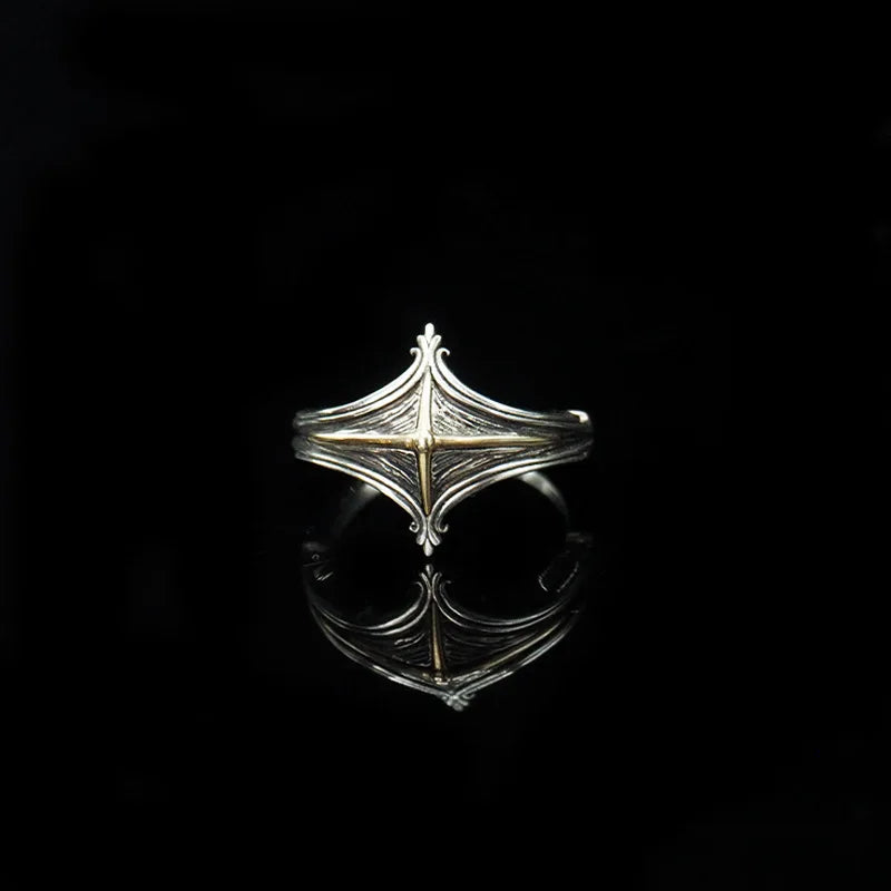 Vintage Punk Cross Star Mark Rhombus Ring — Slim Open Band