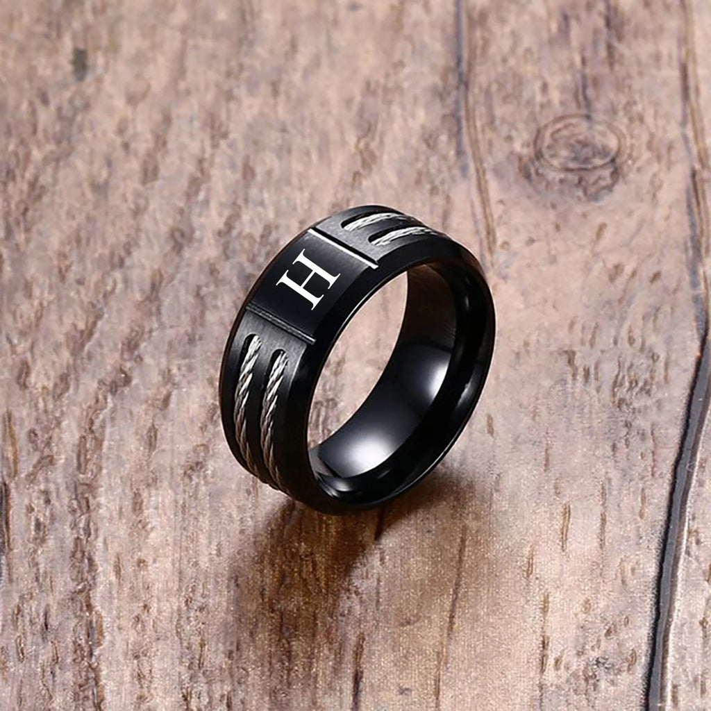 Black Letter Initial Ring — Stainless Steel