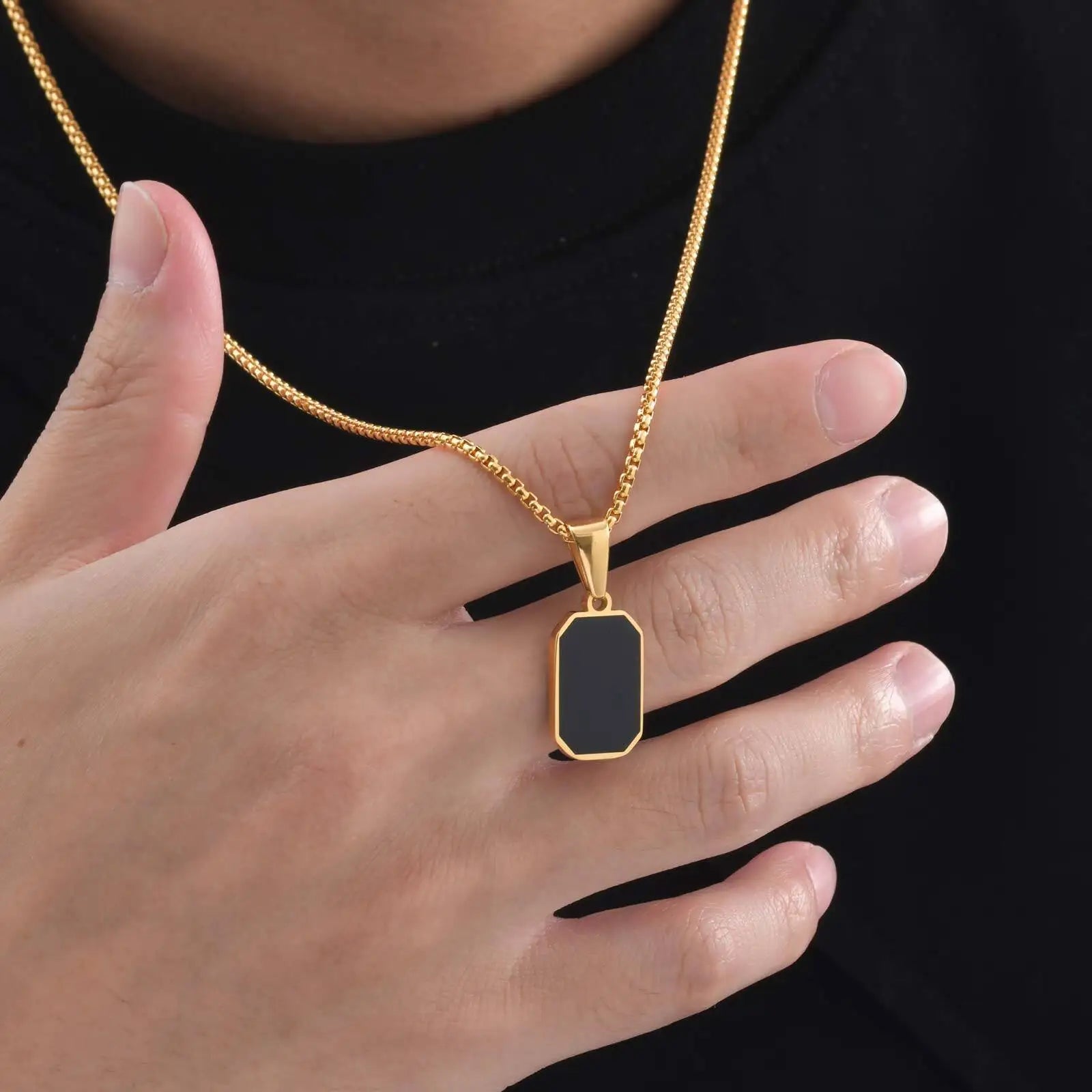 Black Enamel Rectangle Rope Chain Pendant